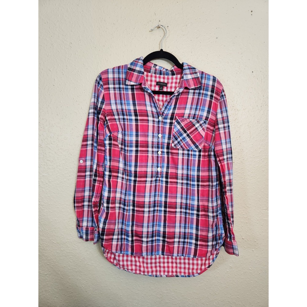 Talbots Womens XS Pink Blue Plaid Roll Tab Sleeve High Low Cotton Blouse
